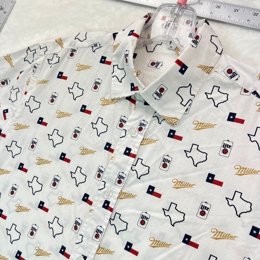 Miller Lite Texas Shirt White Beer Graphic Button Up 100% Cotton Small
